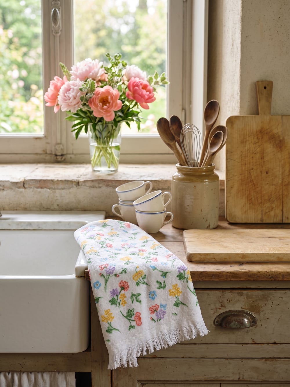 Essuie-mains en coton blanc avec motifs floraux imprimés multicolores, franges décoratives, style shabby chic et romantique