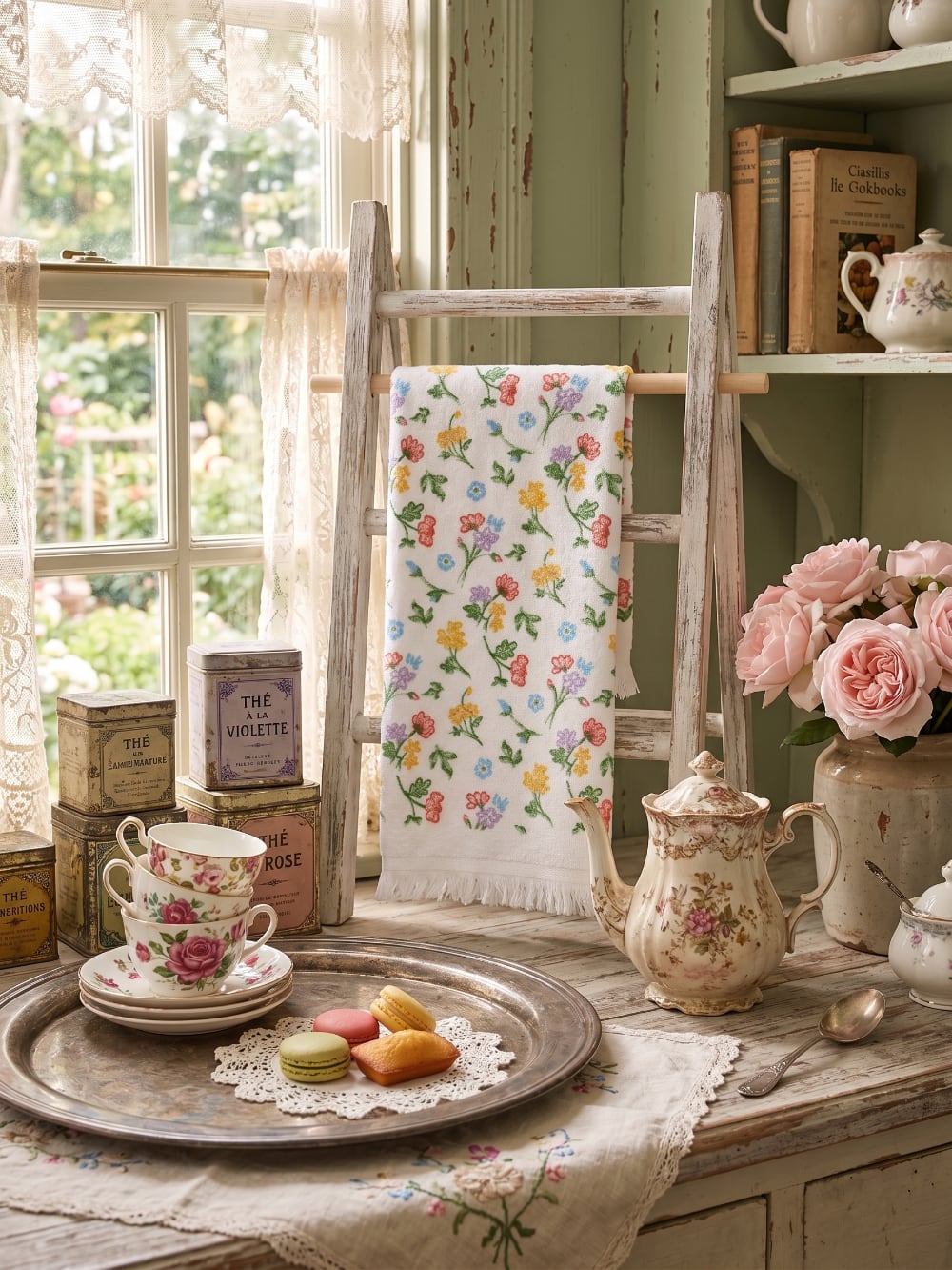 Essuie-mains en coton blanc avec motifs floraux imprimés multicolores, franges décoratives, style shabby chic et romantique