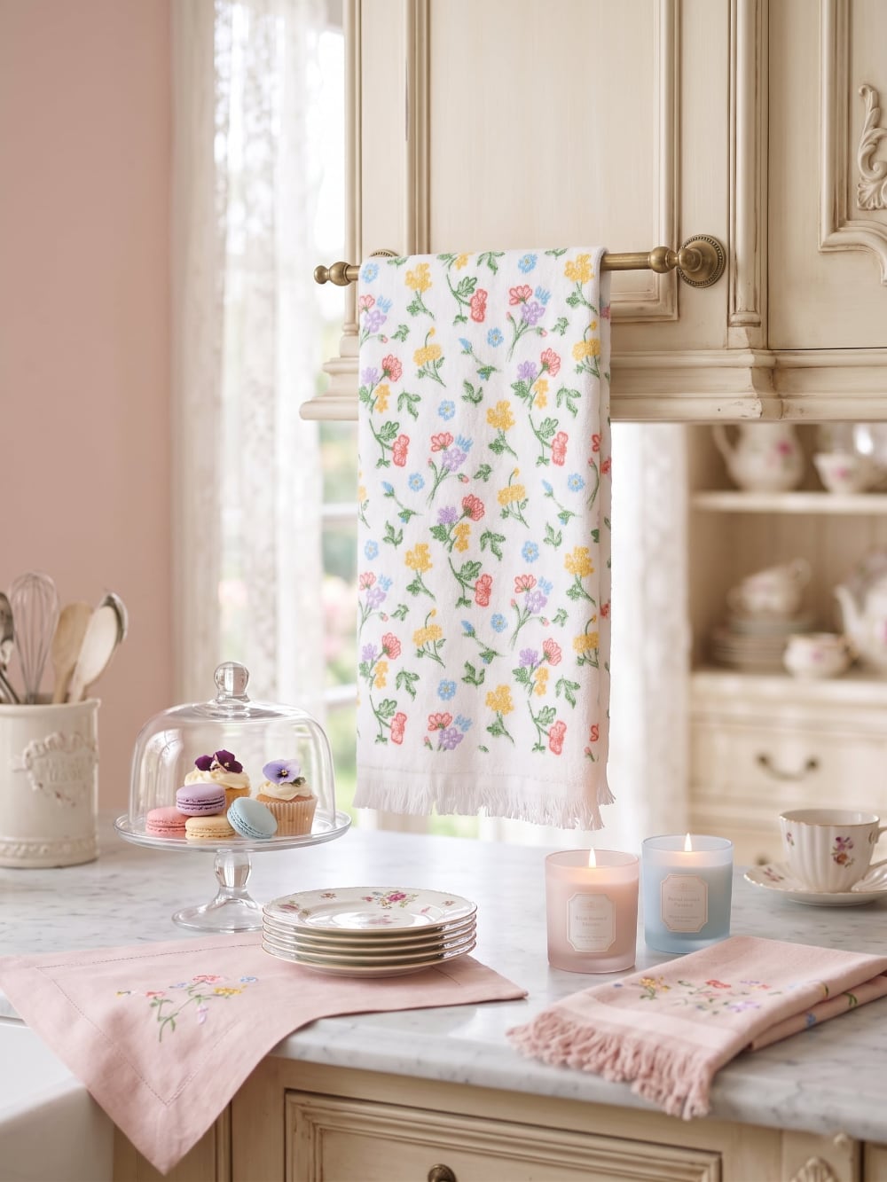 Essuie-mains en coton blanc avec motifs floraux imprimés multicolores, franges décoratives, style shabby chic et romantique