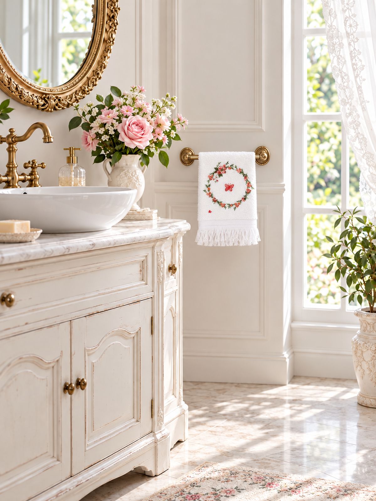 Petit essuie-mains blanc à couronne florale et papillon, plié sur une barre murale près d’un lavabo ancien.