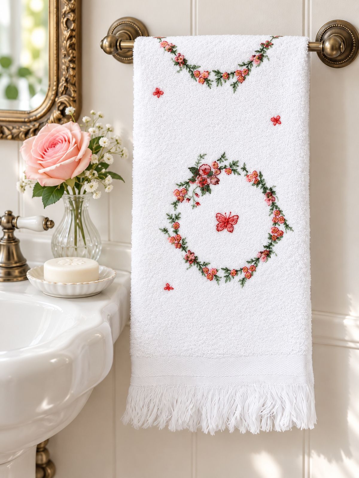 Essuie-mains Couronne Florale suspendu près d’un lavabo ancien, accompagné d’une rose et d’un savon.