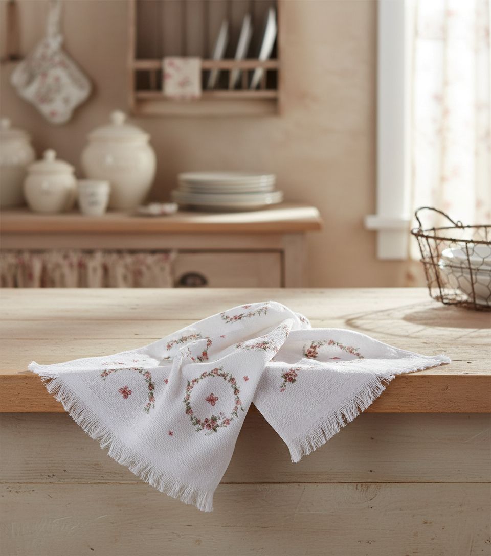 Essuie-mains couronne florale en coton, motifs délicats et style romantique, accessoire textile shabby chic idéal pour décorer la salle de bain ou la cuisine