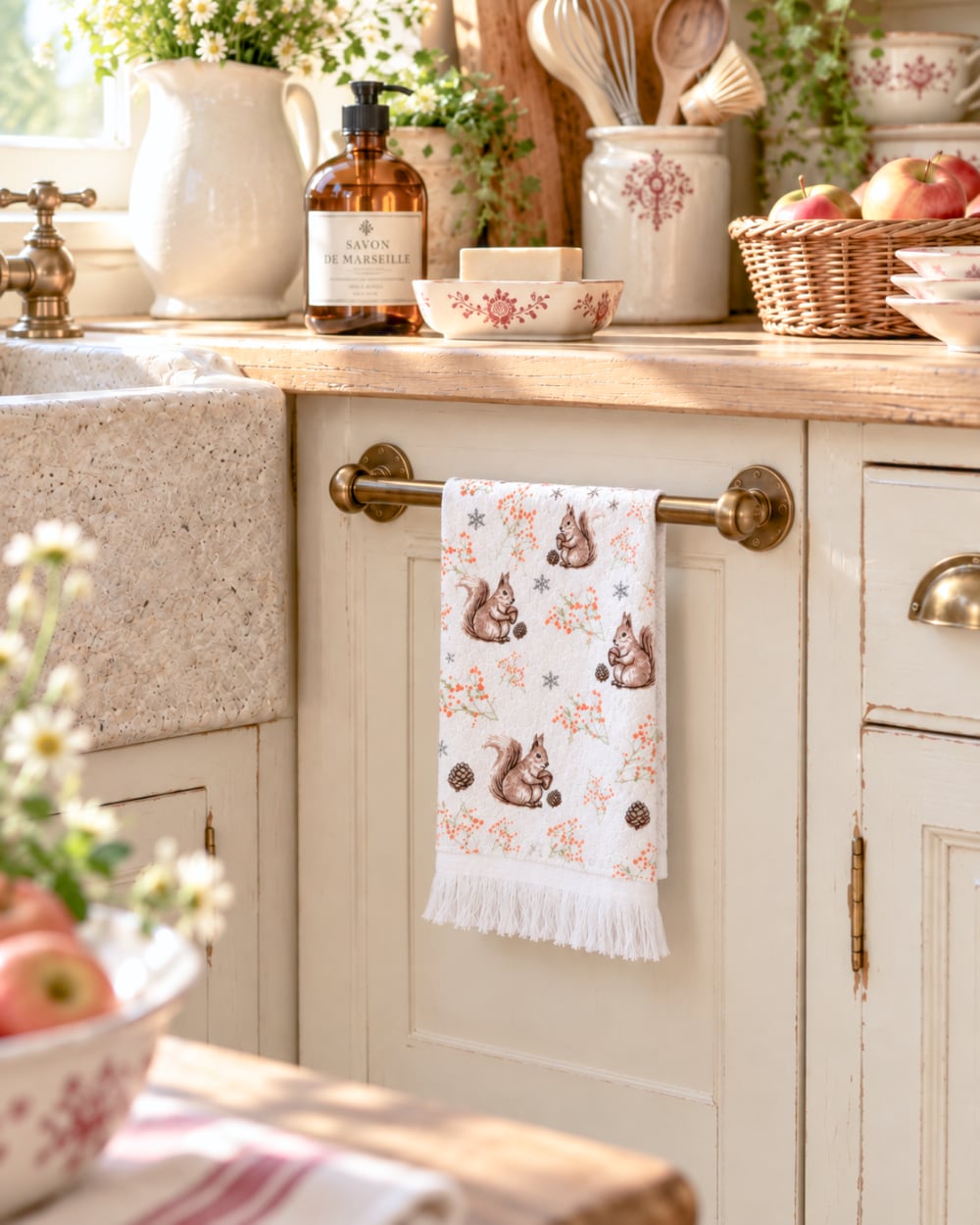 Essuie-mains en coton blanc cassé décoré d’écureuils bruns, pommes de pin et petites baies rouges, style campagne cottage pour cuisine ou salle de bain