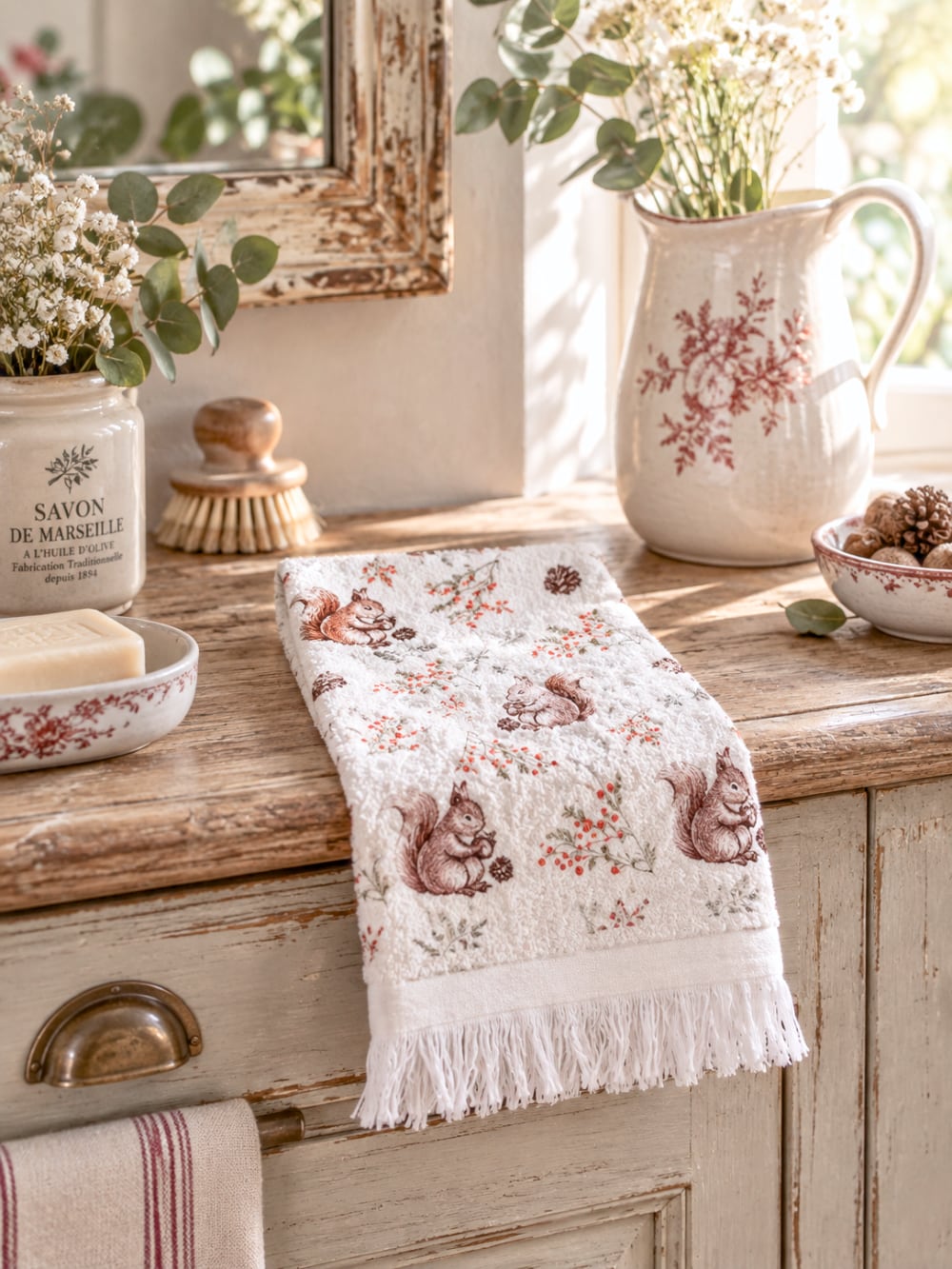 Essuie-mains en coton blanc cassé décoré d’écureuils bruns, pommes de pin et petites baies rouges, style campagne cottage pour cuisine ou salle de bain