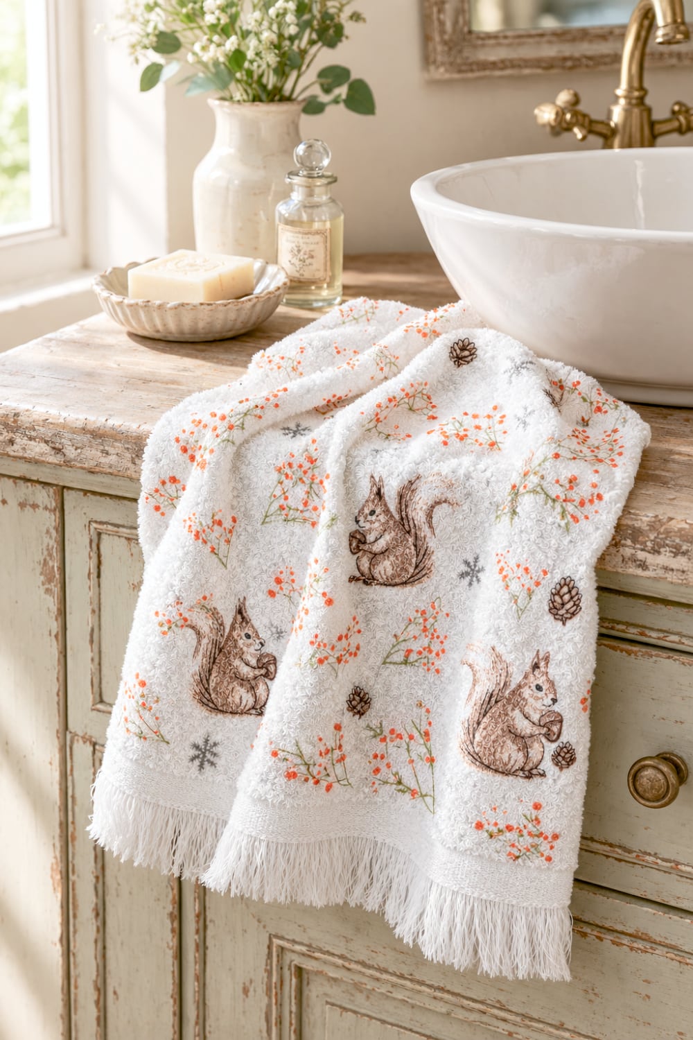 Essuie-mains en coton blanc cassé décoré d’écureuils bruns, pommes de pin et petites baies rouges, style campagne cottage pour cuisine ou salle de bain