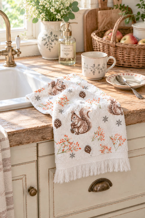 Essuie-mains en coton blanc cassé décoré d’écureuils bruns, pommes de pin et petites baies rouges, style campagne cottage pour cuisine ou salle de bain