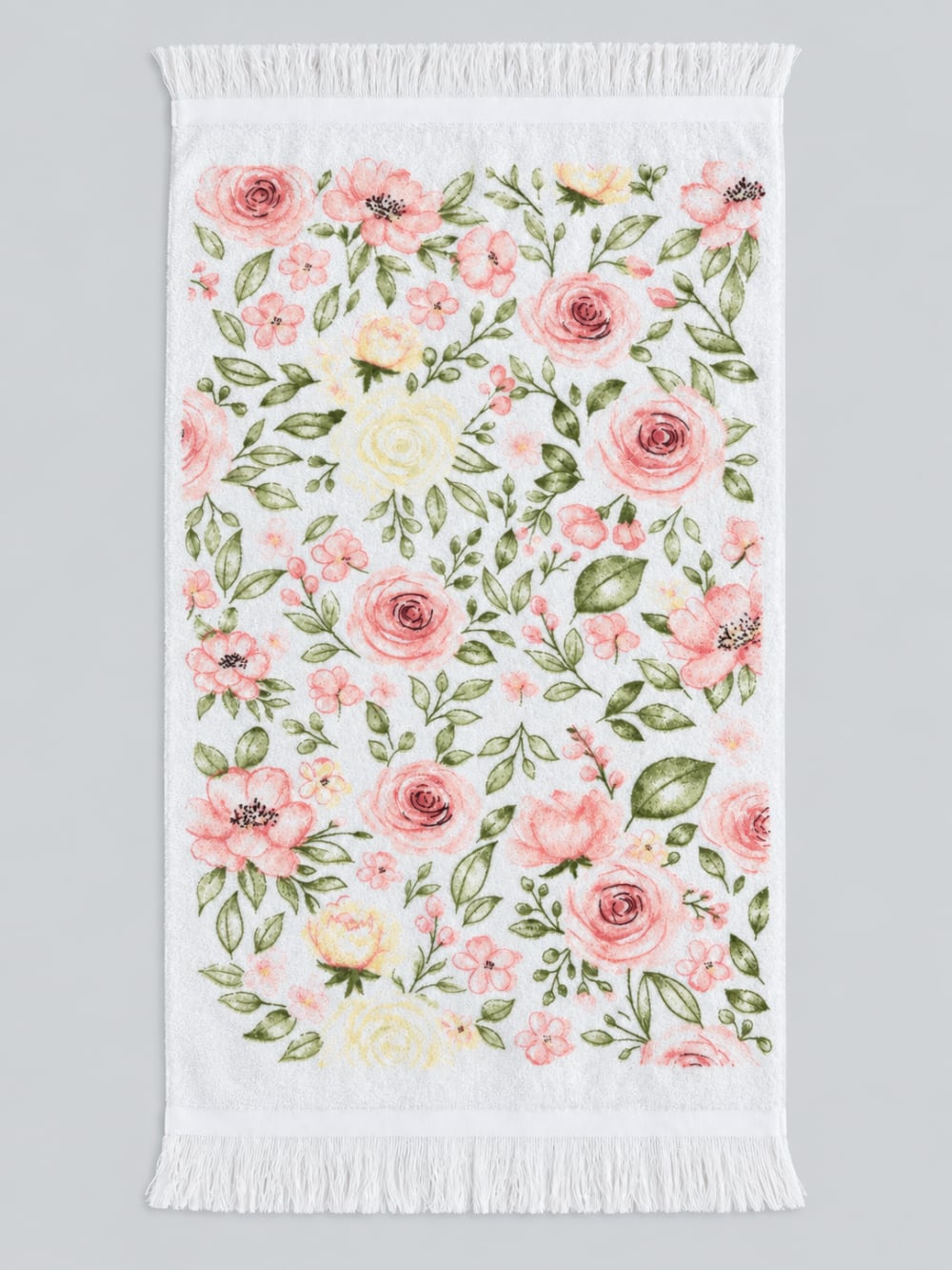 Essuie-mains blanc en coton décoré de roses roses et feuillage vert, style shabby chic romantique pour cuisine ou salle de bain