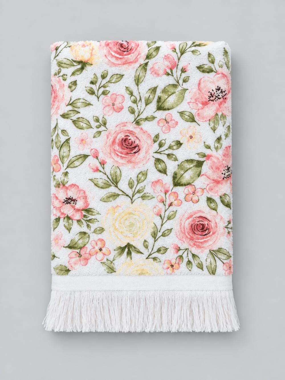 Essuie-mains blanc en coton décoré de roses roses et feuillage vert, style shabby chic romantique pour cuisine ou salle de bain