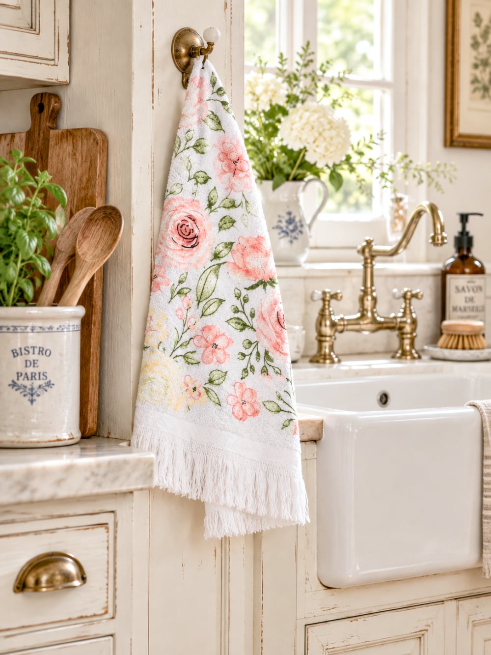 Essuie-mains blanc en coton décoré de roses roses et feuillage vert, style shabby chic romantique pour cuisine ou salle de bain
