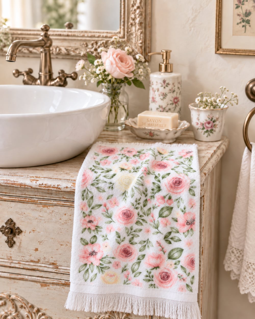 Essuie-mains blanc en coton décoré de roses roses et feuillage vert, style shabby chic romantique pour cuisine ou salle de bain