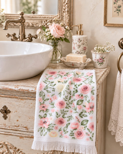 Essuie-mains blanc en coton décoré de roses roses et feuillage vert, style shabby chic romantique pour cuisine ou salle de bain
