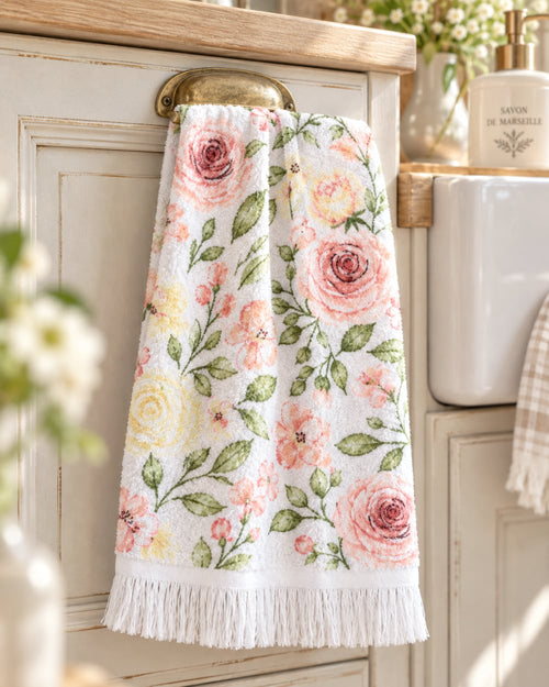 Essuie-mains blanc en coton décoré de roses roses et feuillage vert, style shabby chic romantique pour cuisine ou salle de bain