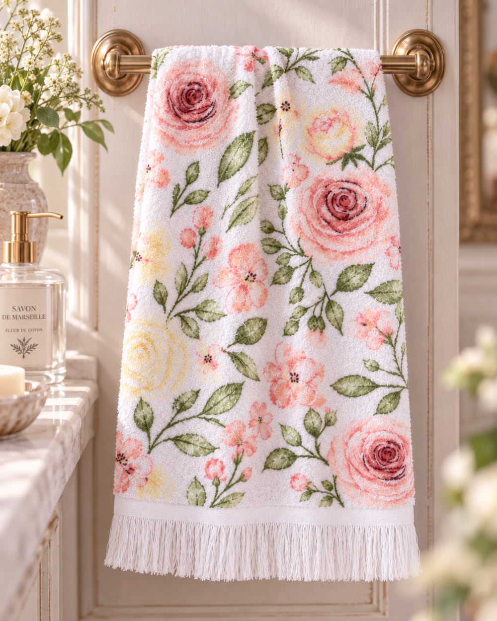 Essuie-mains blanc en coton décoré de roses roses et feuillage vert, style shabby chic romantique pour cuisine ou salle de bain