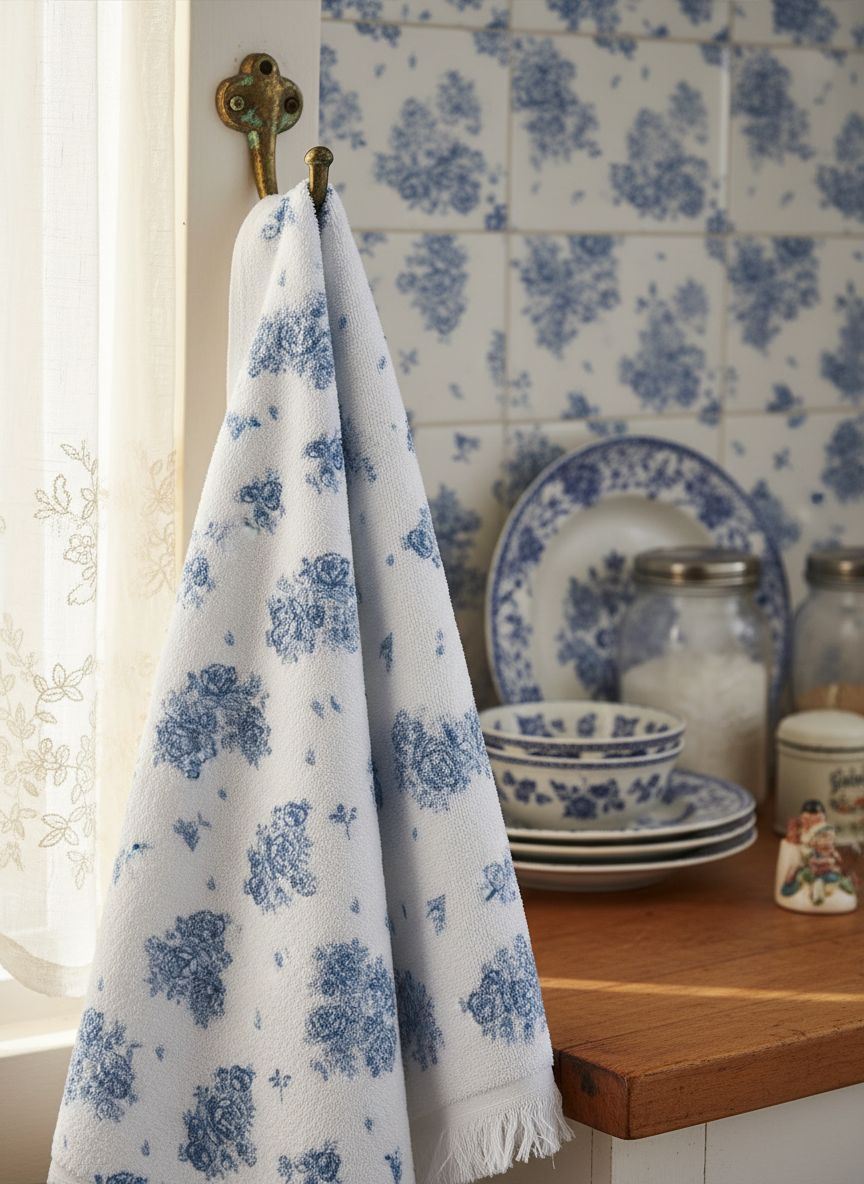 Essuie-mains en coton 40x66 cm motif fleurs bleues, style romantique et shabby chic, textile décoratif parfait pour cuisine ou salle de bain dans une ambiance poétique et élégante