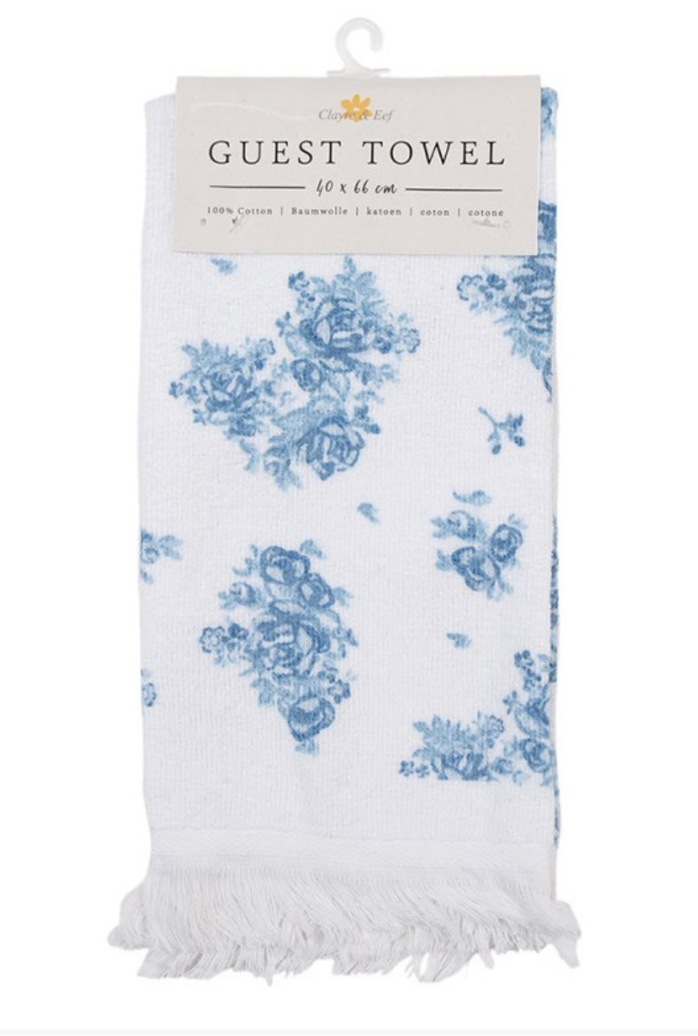 Essuie-mains en coton 40x66 cm motif fleurs bleues, style romantique et shabby chic, textile décoratif parfait pour cuisine ou salle de bain dans une ambiance poétique et élégante