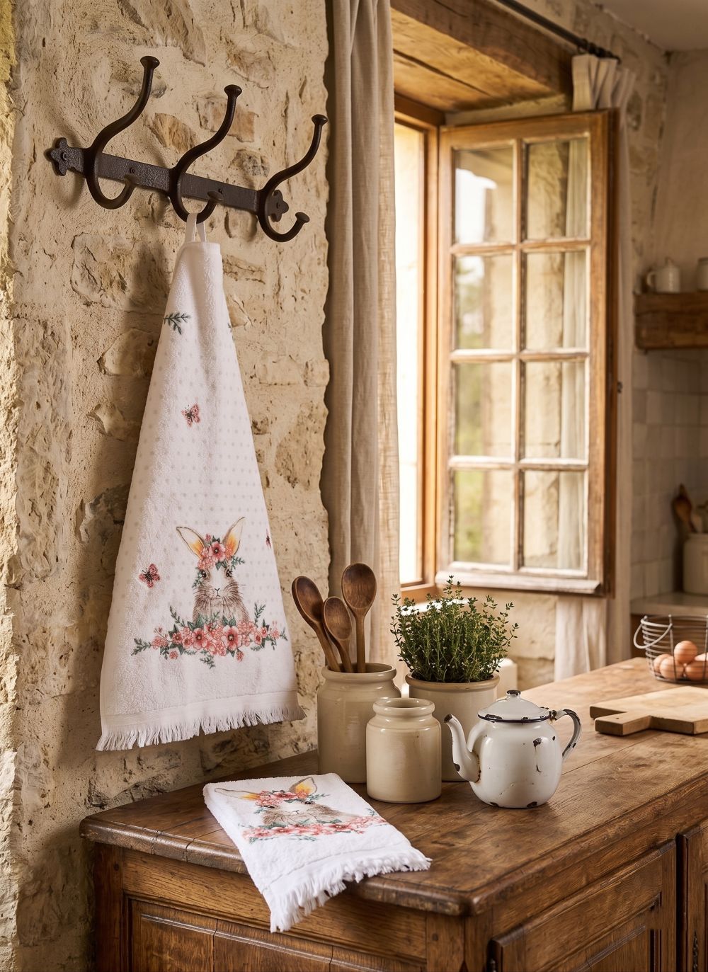 Essuie-mains en coton motif lapin fleuri 44 x 66 cm, textile de cuisine romantique style shabby chic et campagne de charme