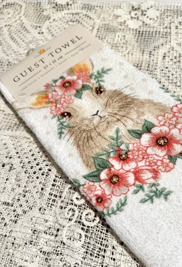 Essuie-mains en coton motif lapin fleuri 44 x 66 cm, textile de cuisine romantique style shabby chic et campagne de charme