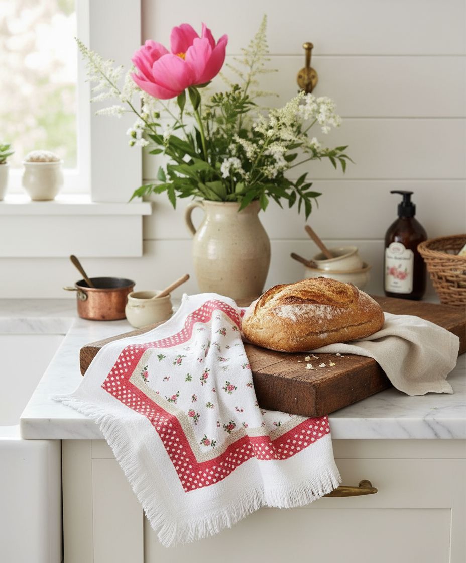 Essuie-mains Liberty en coton blanc avec motifs fleuris rouges et verts, style romantique et shabby chic Clayre & Eef, décoration de charme