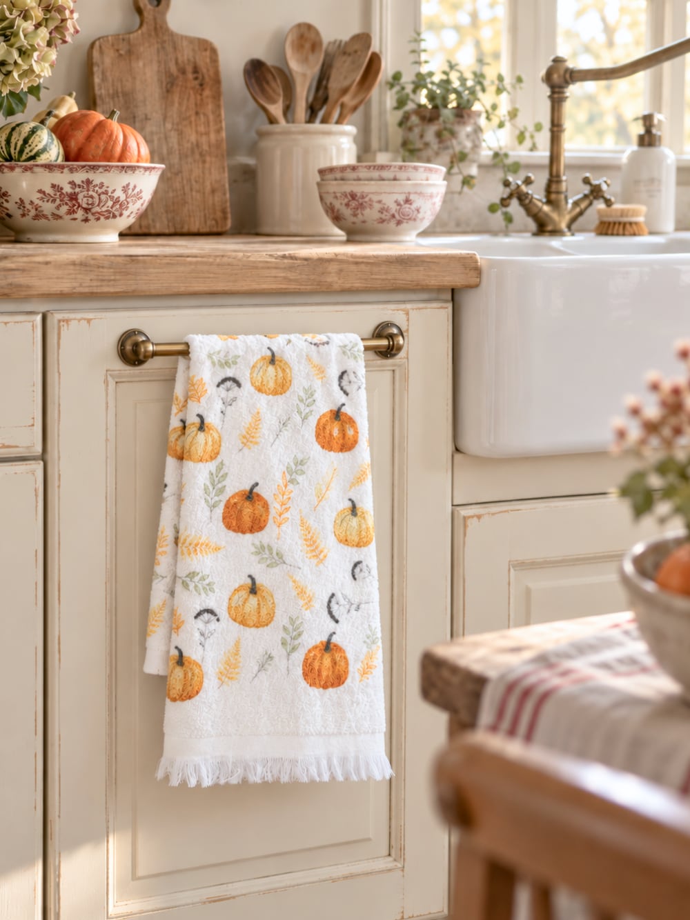 Essuie-mains blanc à motifs de potirons orange et feuillages verts, style campagne automnale pour décoration de cuisine
