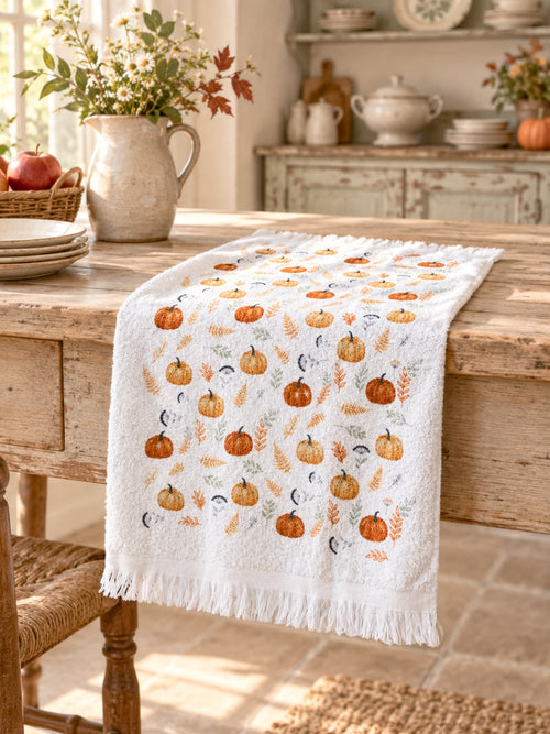 Essuie-mains blanc à motifs de potirons orange et feuillages verts, style campagne automnale pour décoration de cuisine