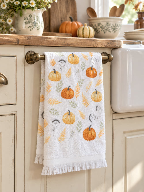 Essuie-mains blanc à motifs de potirons orange et feuillages verts, style campagne automnale pour décoration de cuisine