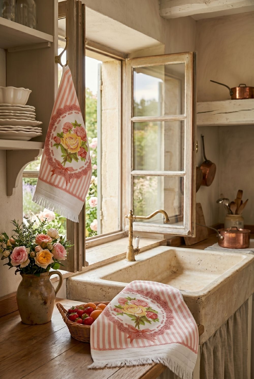 Essuie-mains en coton blanc décoré d’un bouquet de roses roses et jaunes avec détails vintage, idéal pour une cuisine romantique shabby chic ou une salle de bain de charme