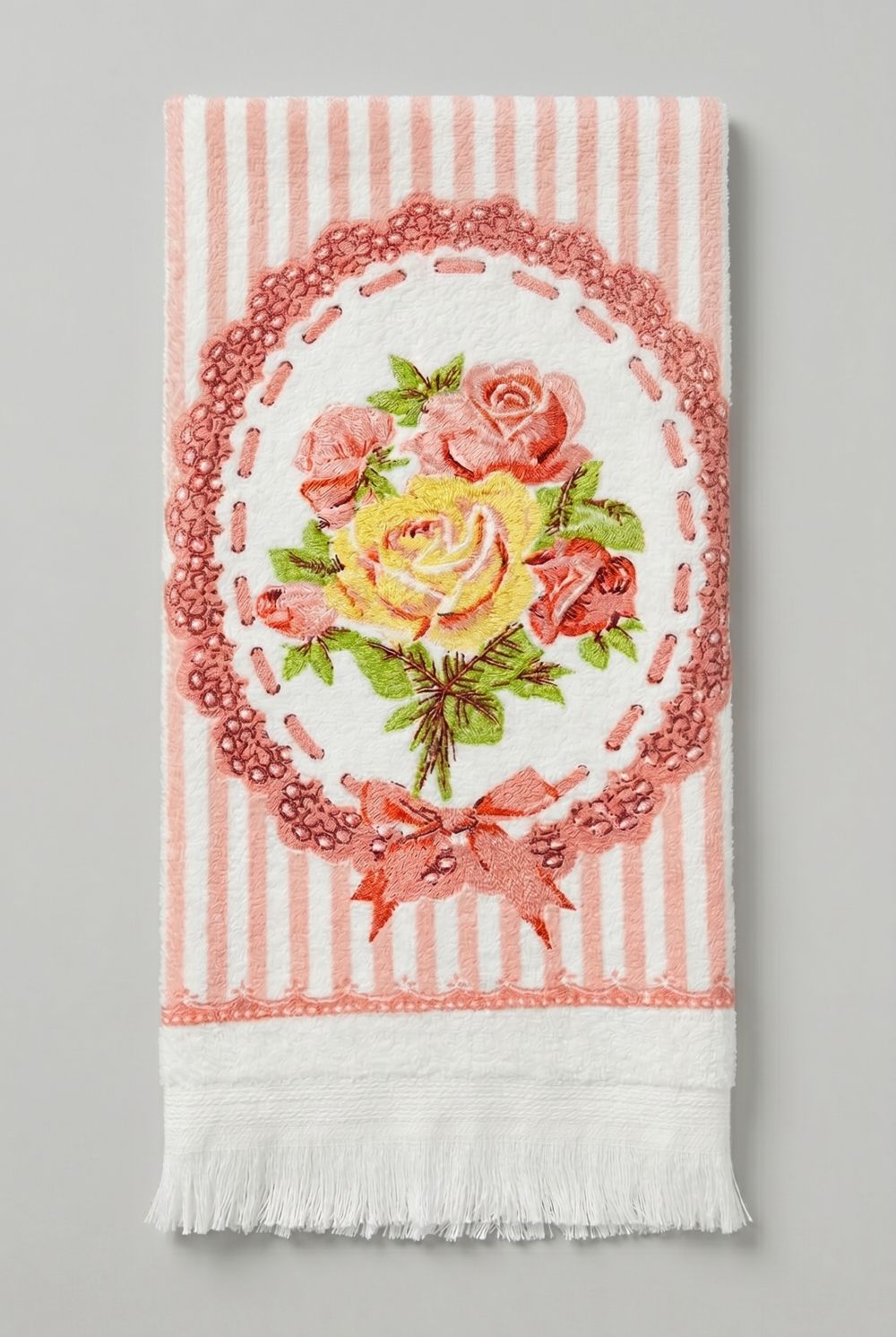 Essuie-mains en coton blanc décoré d’un bouquet de roses roses et jaunes avec détails vintage, idéal pour une cuisine romantique shabby chic ou une salle de bain de charme
