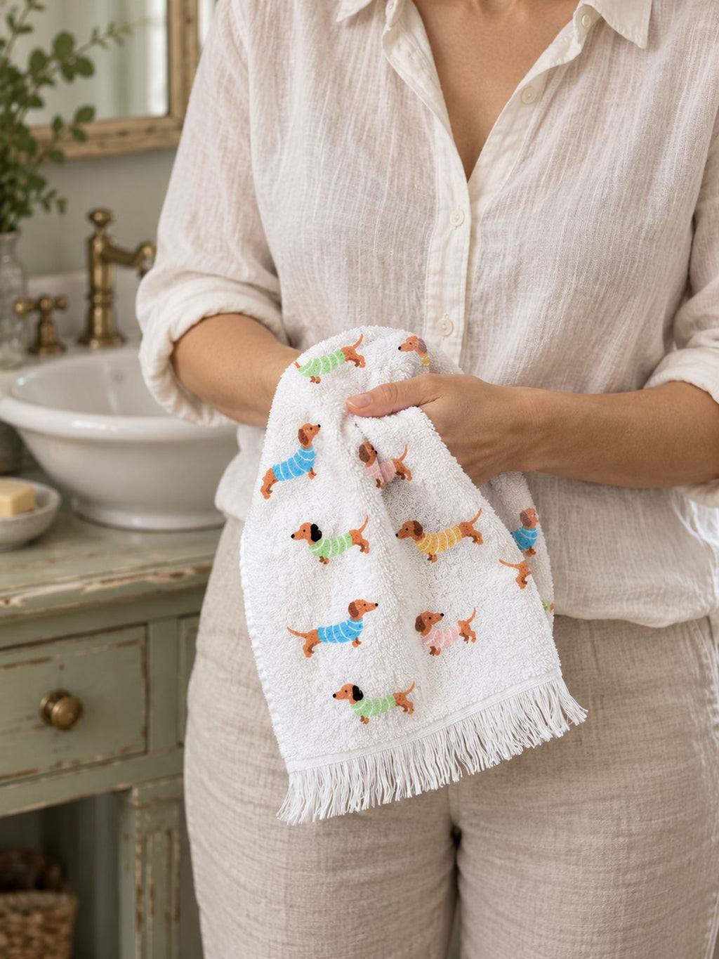 Essuie-mains blanc à motifs de teckels utilisé pour se sécher les mains.
