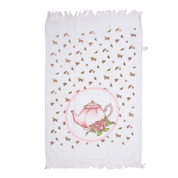 Essuie-mains en coton 40x66 cm motif thé et fleurs, style romantique et shabby chic, textile décoratif pour cuisine ou salle de bain dans une ambiance douce et poétique