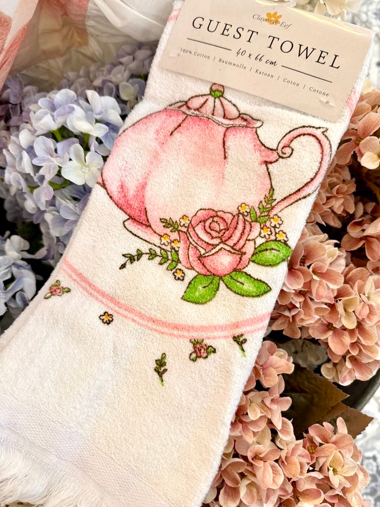 Essuie-mains en coton 40x66 cm motif thé et fleurs, style romantique et shabby chic, textile décoratif pour cuisine ou salle de bain dans une ambiance douce et poétique