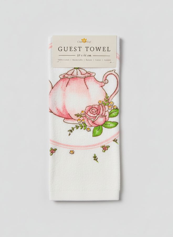Essuie-mains en coton 40x66 cm motif thé et fleurs, style romantique et shabby chic, textile décoratif pour cuisine ou salle de bain dans une ambiance douce et poétique