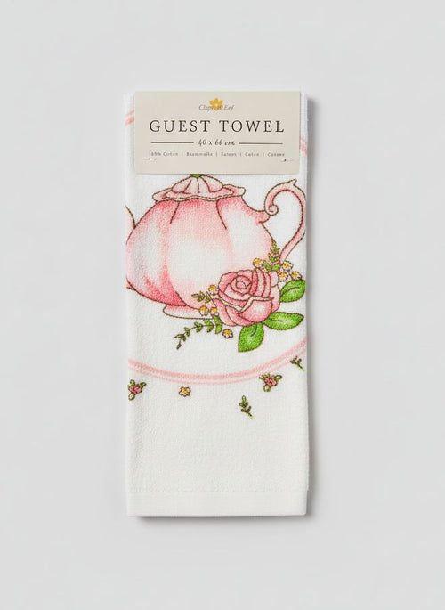 Essuie-mains en coton 40x66 cm motif thé et fleurs, style romantique et shabby chic, textile décoratif pour cuisine ou salle de bain dans une ambiance douce et poétique