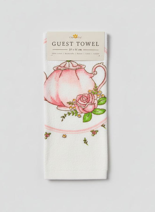 Essuie-mains en coton 40x66 cm motif thé et fleurs, style romantique et shabby chic, textile décoratif pour cuisine ou salle de bain dans une ambiance douce et poétique