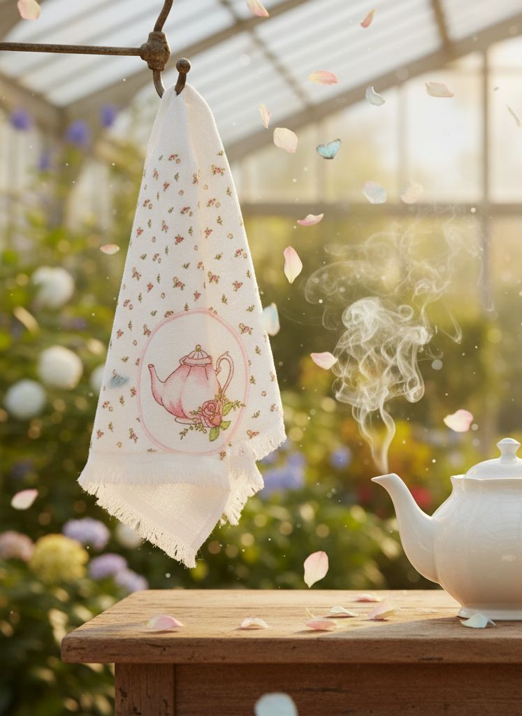 Essuie-mains en coton 40x66 cm motif thé et fleurs, style romantique et shabby chic, textile décoratif pour cuisine ou salle de bain dans une ambiance douce et poétique