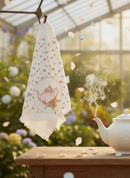 Essuie-mains en coton 40x66 cm motif thé et fleurs, style romantique et shabby chic, textile décoratif pour cuisine ou salle de bain dans une ambiance douce et poétique
