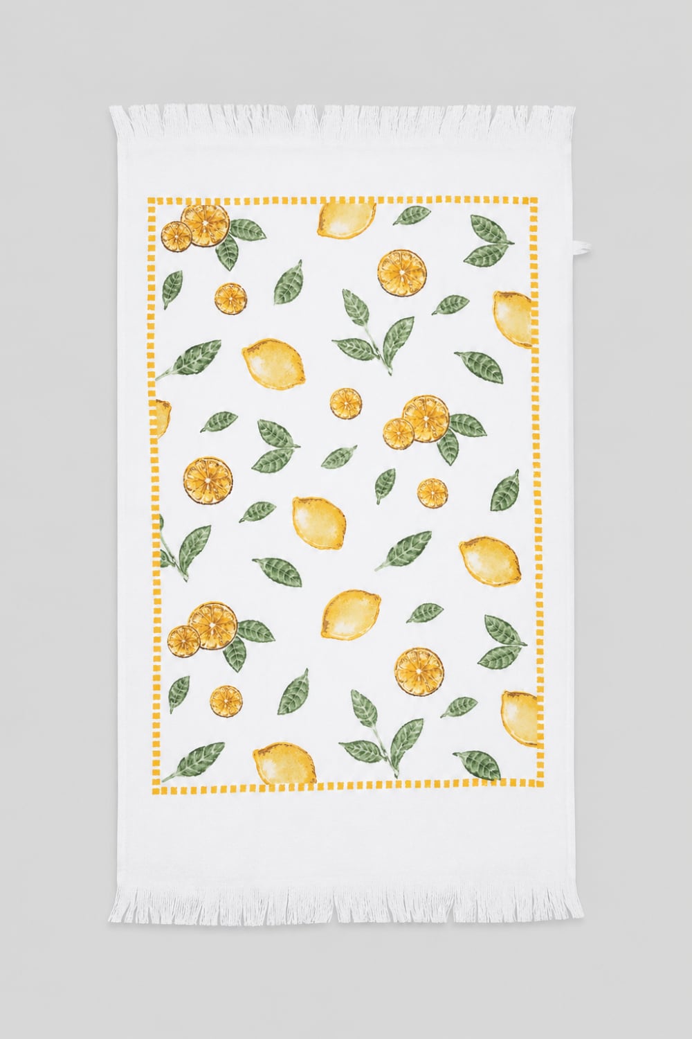Essuie-mains en coton blanc décoré de citrons jaunes et feuillages verts, style campagne chic et décoration de cuisine de charme lumineuse et estivale