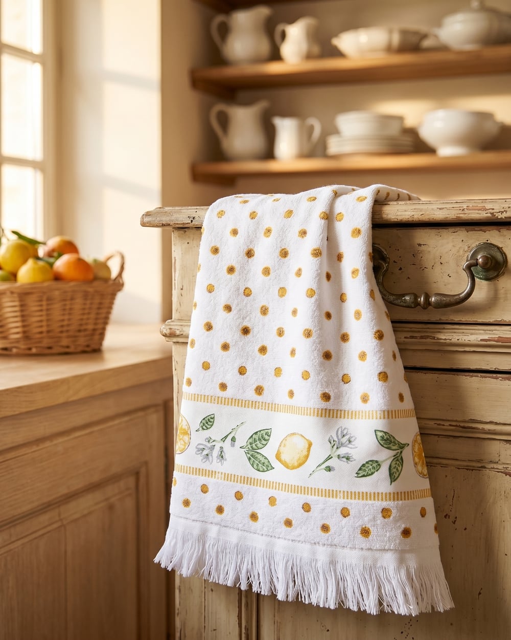 Essuie-mains en coton blanc décoré de citrons jaunes et feuillages verts, style campagne chic et décoration de cuisine de charme lumineuse et estivale