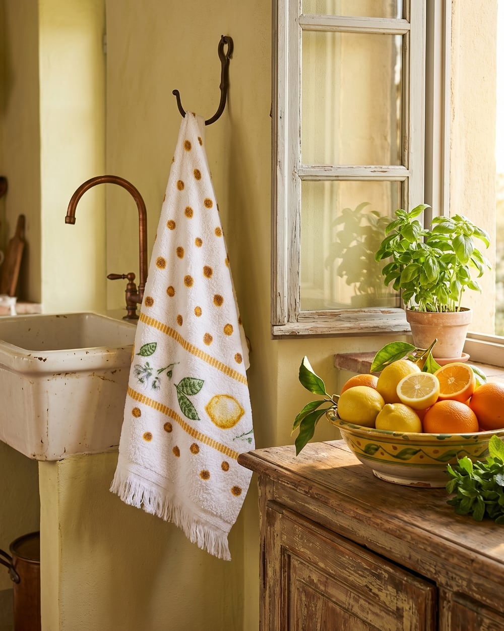 Essuie-mains en coton blanc décoré de citrons jaunes et feuillages verts, style campagne chic et décoration de cuisine de charme lumineuse et estivale