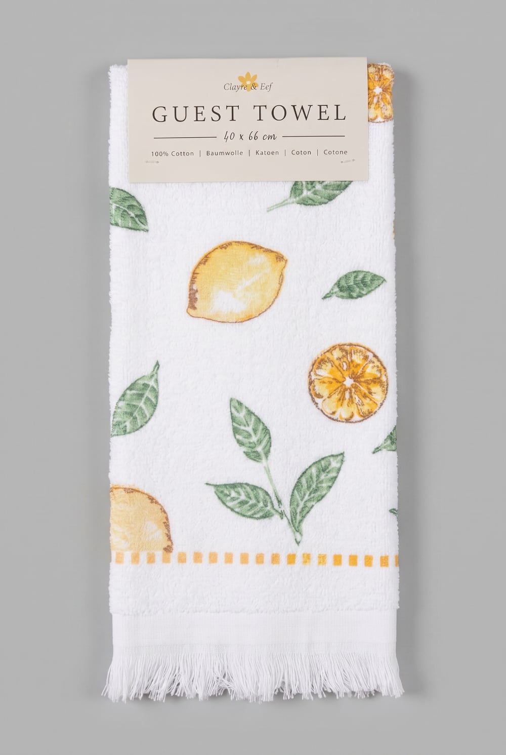 Essuie-mains en coton blanc décoré de citrons jaunes et feuillages verts, style campagne chic et décoration de cuisine de charme lumineuse et estivale