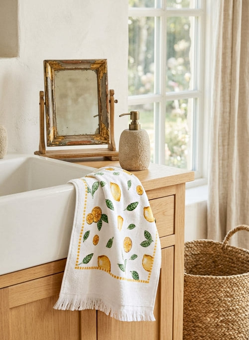 Essuie-mains en coton blanc décoré de citrons jaunes et feuillages verts, style campagne chic et décoration de cuisine de charme lumineuse et estivale