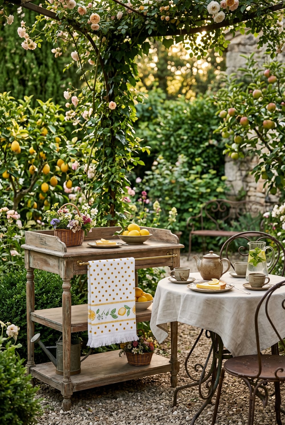 Essuie-mains en coton blanc décoré de citrons jaunes et feuillages verts, style campagne chic et décoration de cuisine de charme lumineuse et estivale