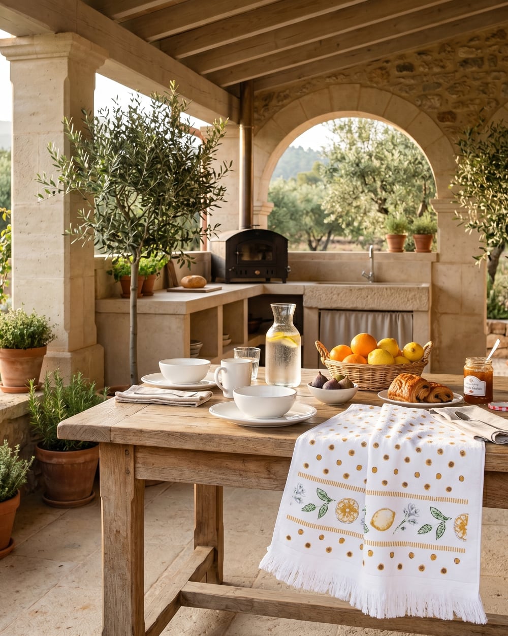 Essuie-mains en coton blanc décoré de citrons jaunes et feuillages verts, style campagne chic et décoration de cuisine de charme lumineuse et estivale
