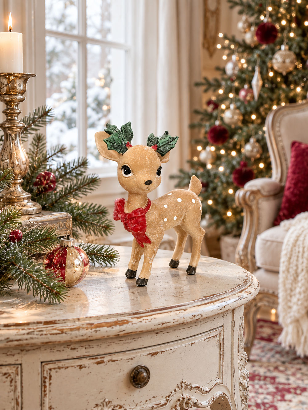 Petit Faon Enchanté sur table ancienne devant un sapin de Noël dans un salon lumineux