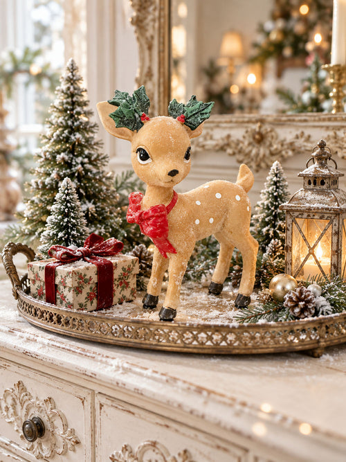 Faon Enchanté sur buffet shabby chic dans une décoration de Noël douce et féérique
