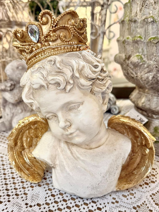 Figurine décorative Prince Séraphin, ange de 22 cm avec ailes dorées et couronne baroque, style shabby chic romantique et poétique