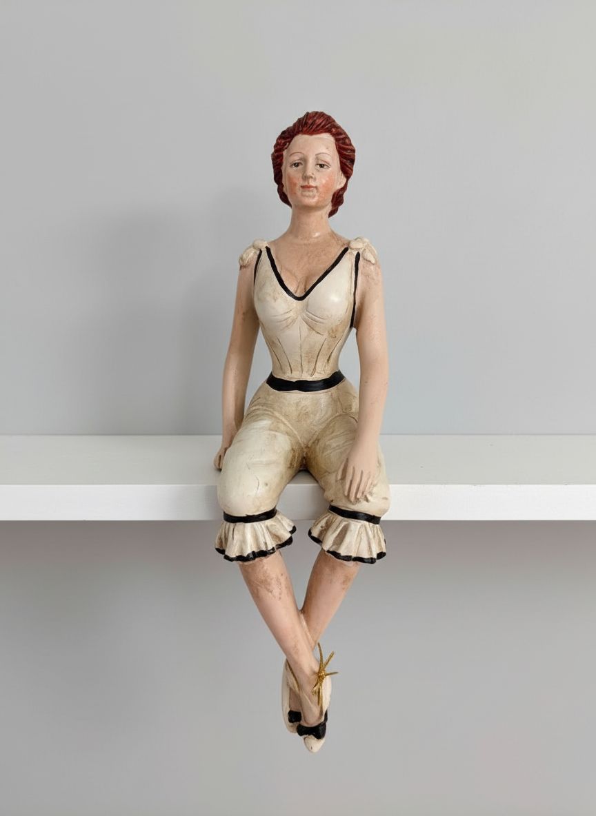 Figurine décorative de baigneuse rétro assise, 29 cm, ivoire et noir, style romantique shabby chic, ambiance vintage élégante