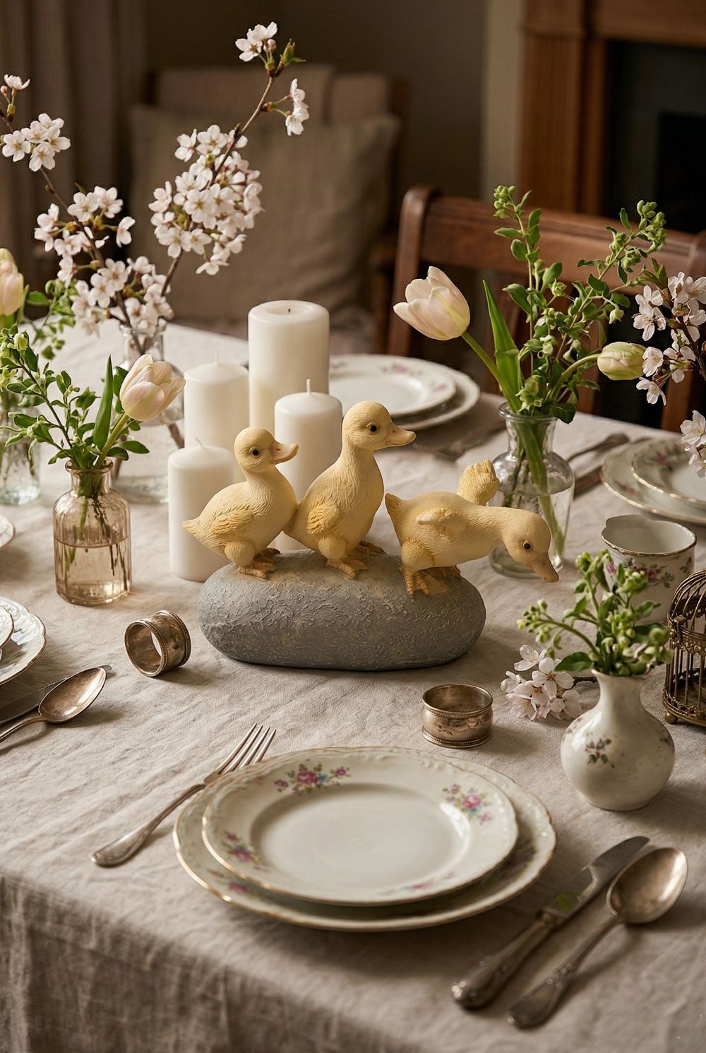 Figurine décorative de trois petits canards jaunes sur socle effet pierre, ambiance printanière et romantique avec fleurs, style shabby chic et décoration de charme