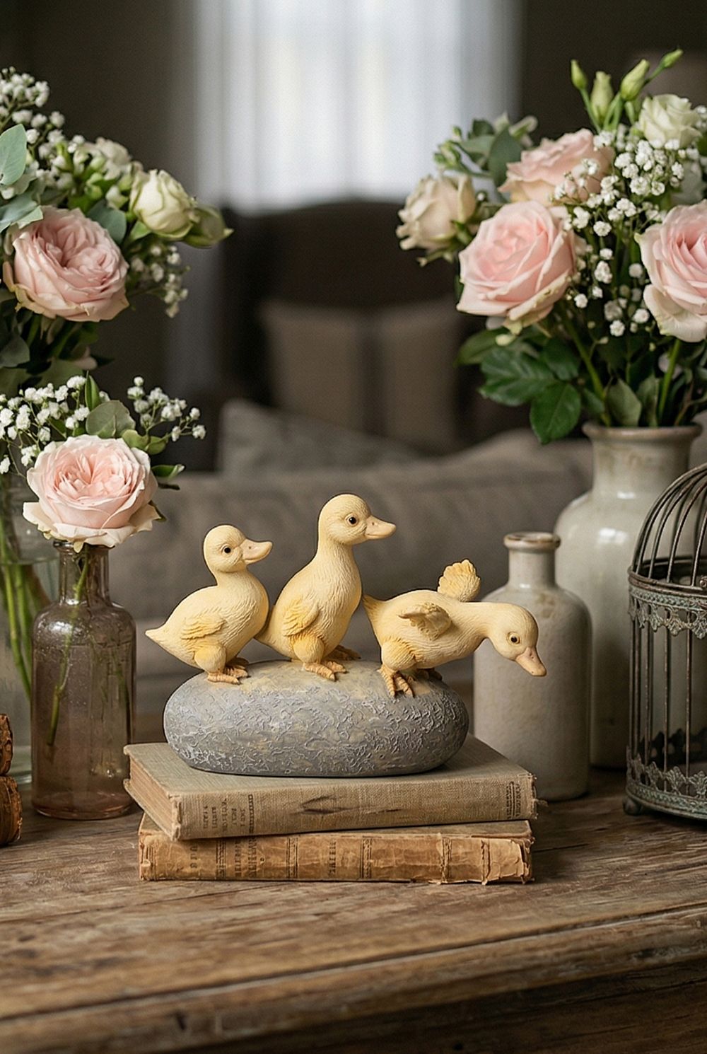 Figurine décorative de trois petits canards jaunes sur socle effet pierre, ambiance printanière et romantique avec fleurs, style shabby chic et décoration de charme
