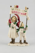 Figurine décorative de Noël représentant des enfants avec inscription Happy Christmas, tons doux et festifs, décoration de charme pour ambiance féérique hivernale