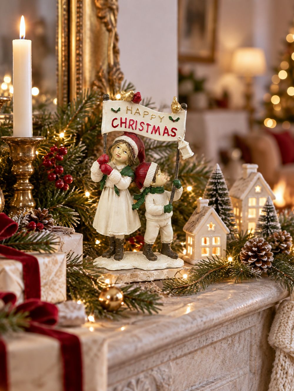 Figurine décorative de Noël représentant des enfants avec inscription Happy Christmas, tons doux et festifs, décoration de charme pour ambiance féérique hivernale